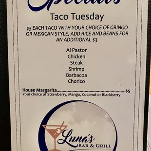 Taco Tuesday menu