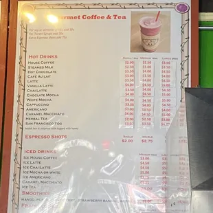 Menu as of April 2023