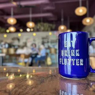 a blue coffee mug