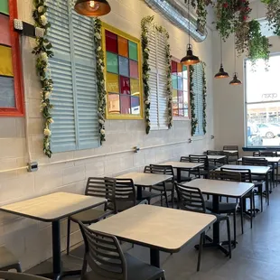 tables and chairs in a restaurant