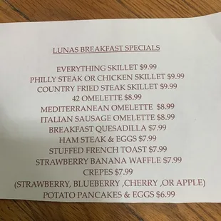 Menu specials.