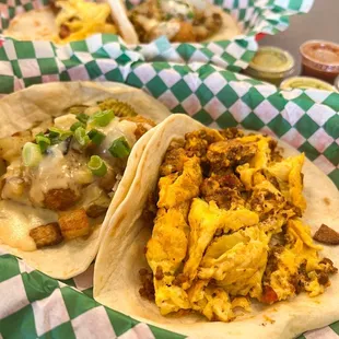 #8 Marbellous Egg Taco on the left and a #1 Build Your Own Taco on the right (eggs and chorizo)