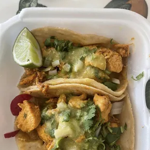Tacos Pollo mild.  Comes with Radishes which I already had devoured! They offer medium and spicy, too. And many other delicious meals.