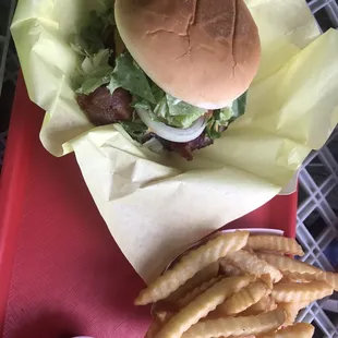 Bacon Cheeseburger with fries . My first time here and the burger was very good.