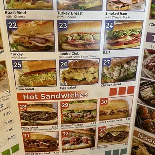 a menu for sandwiches and hot sandwiches