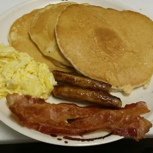 bacon, eggs, pancakes, and pancakes