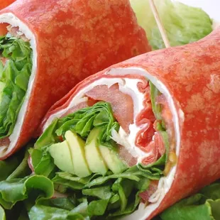 "California Wrap" with turkey, bacon, avocado, cream cheese, tomatoes and ranch dressing