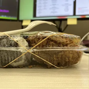 Kombu musubi and mochiko chicken bento with scale for reference