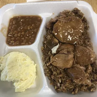 meat, rice, and mashed potatoes