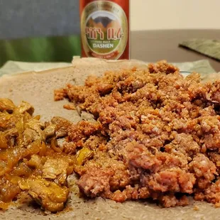 Kitfo (medium rare) and Yebeg Tibs with Ethiopian beer