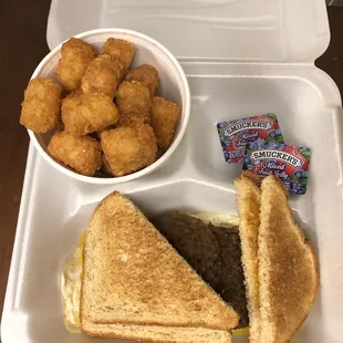 2 eggs, 2 sausage patties, toast n tater tots - 6.49