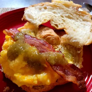 Delicious breakfast croissant (egg bacon and green chili) prepared by Lydia