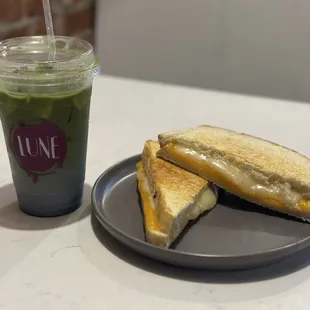 Iced Purple Matcha and Grilled Cheese