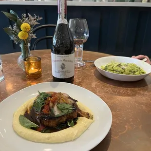 niman ranch porK chop ~creamy polenta, sautéed swiss chard, glazed nectarines -and- Kale Carbonara
