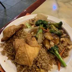 Chicken Teriyaki with and crab Rangoon.