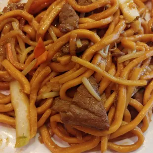 Beef Lo Mein.... The beef is always tender, no dry tough pieces!