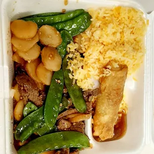 Beef with snow peas.