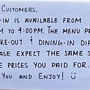 Prices differ for take-out versus dine-in.
