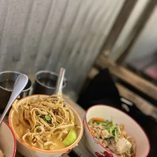 bowls of noodles and vegetables