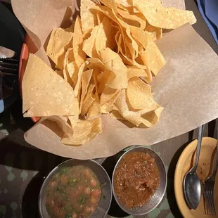 Chips, salsa, and pinto beans (complimentary)