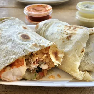 Rosarito Burrito: Asada, big shrimp, guacamole, rice and pico de gallo. Delicious deal at $7.75.