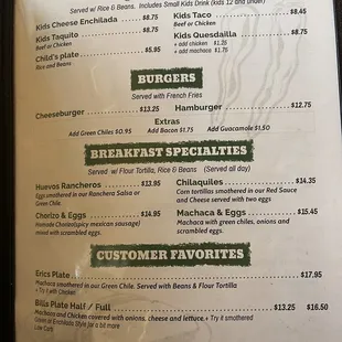 Kids menu &amp; breakfast