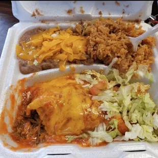Beef Enchiladas with Rice and Beans.