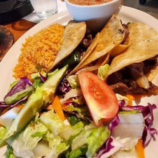 Ribeye Tacos,Rice, Beans and Salad. As good as I've tasted lately