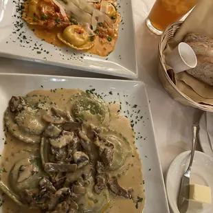 spinach ravioli w mushroom sauce and lobster ravioli