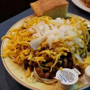 Texas Chili on Spaghetti. Mighty good!