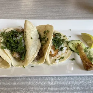 4 street tacos - fish, beef tongue, shrimp, and steak