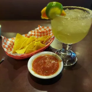 Margarita, chips, and salsa.