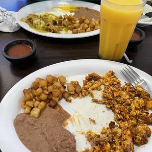 Eggs with chorizo, beans and potatoes