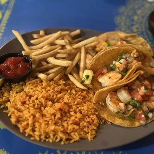 Shrimp Tacos with Mexican rice &amp; fries