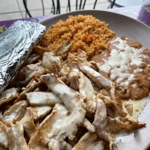 Queso chicken plain and one with chorizo