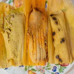 Fresh tamales. $1.75 each or $21 per dozen.  (Chicken or Cheese con Chile verde, Beef or Pork con salsa roja, Sweet tamales)