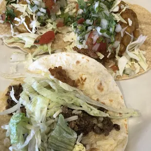 2 fish tacos and 1 beef taco