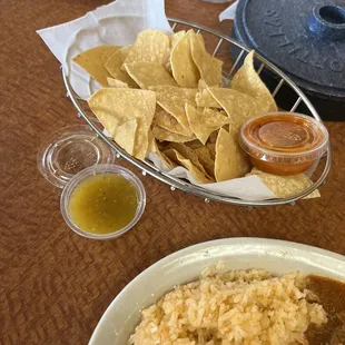 Chips and fresh made salsa (green is mild red is SPICY)