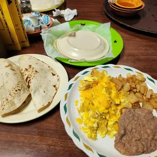 Migas with barbacoa and bean/cheese tacos