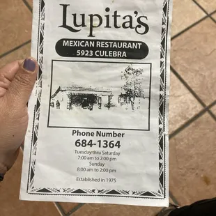 Front menu with Restaurant information