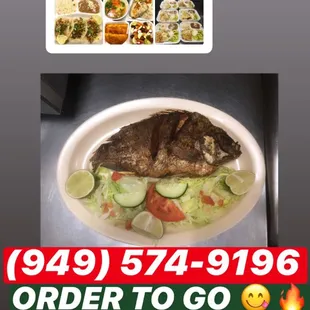 Fried tilapia with rise beans and 2 fresh made tortillas, mojara frita con arroz frijoles y dos tortillas echas a mano.