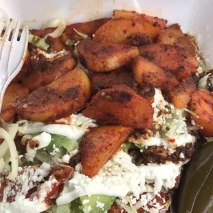 Carnita enchiladas with fried potatoes on top