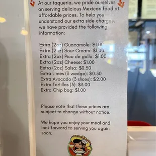 Sign at register for extra side charges - January 2025