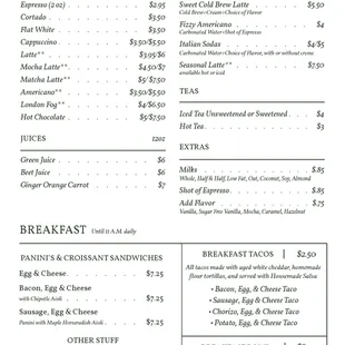 Coffee and Breakfast Menu