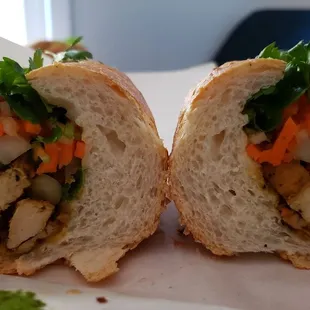 Vegetarian tofu banh mi ($8.25), vegan if you omit paté, mayo and fish sauce. Delicious. Excellent bread. Love the curry tofu.