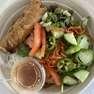 Grilled Pork Salad Bowl with Spring Roll, Veggies, and Fish Sauce