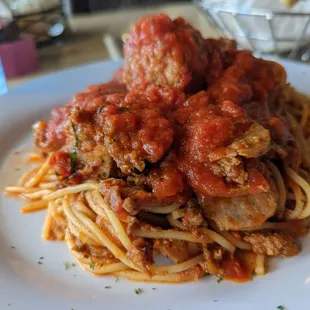 Lushajs spaghetti special (meatball, sausage and meat sauce)