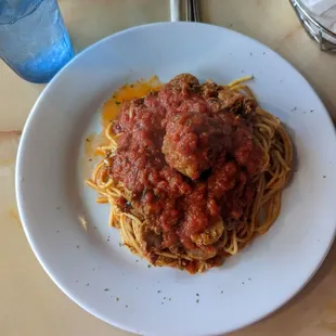 Lushajs spaghetti special (meatball, sausage and meat sauce)
