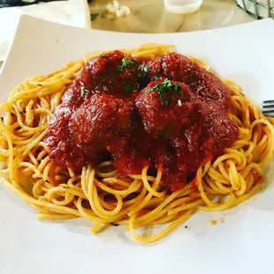 Spaghetti with meatballs and sauce.