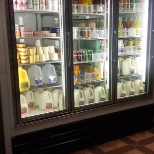 Milk, jello, flan, juice